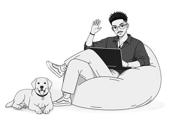 Winner Chikezie sitting on a bean bag with a laptop and a dog
